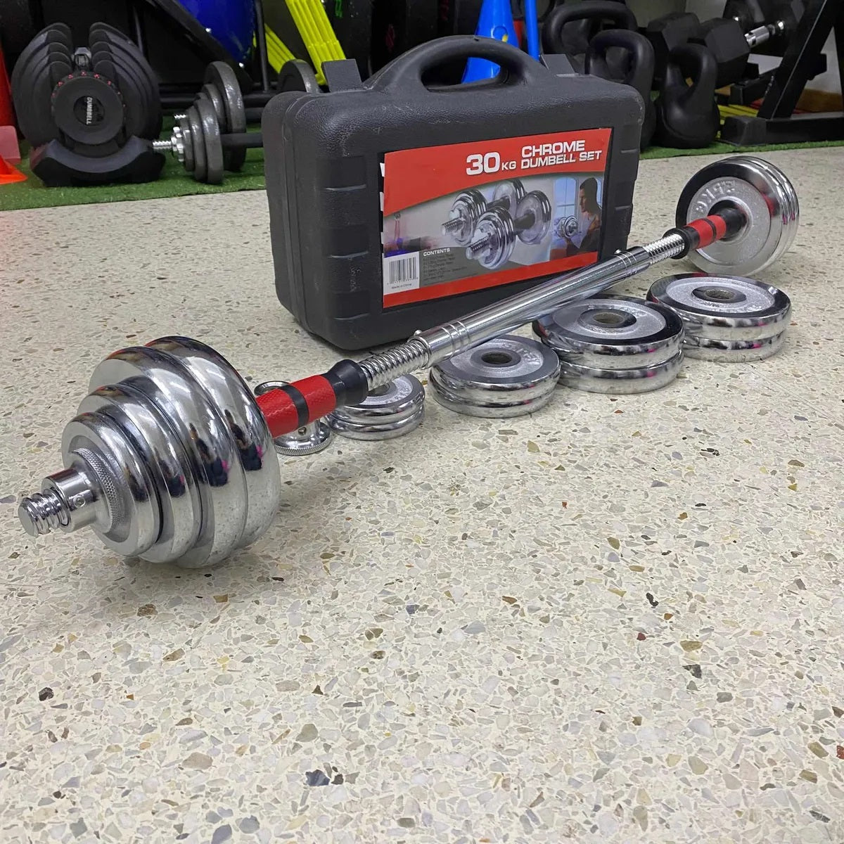 30Kg Multi-function Adjustable Chrome Weightlifting barbell/dumbbell set with Case