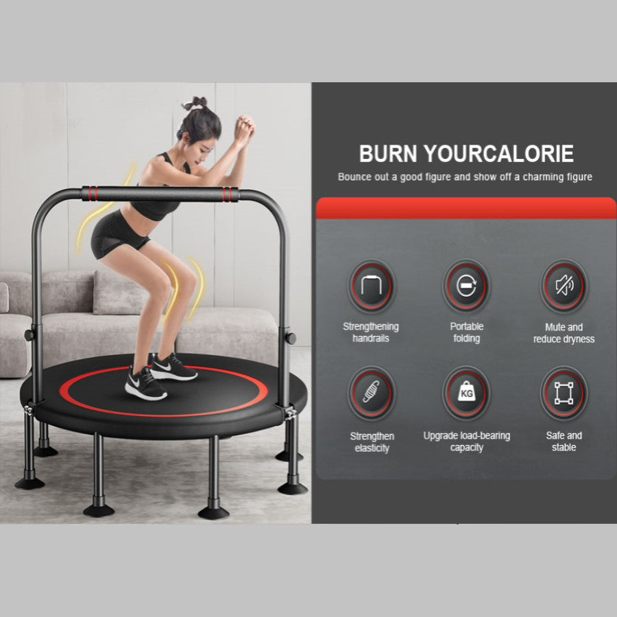 Silent Foldable Trampoline 40/48 Inch Adults Kid With Armrest Adjustable Handle Home Gym Jumping Fitness