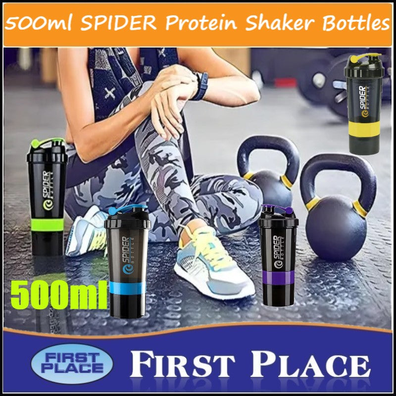 500ml Spider Protein Shaker Bottle/ Water Bottle / Gym Shaker Bottle with Powder Storage & Pill Tray