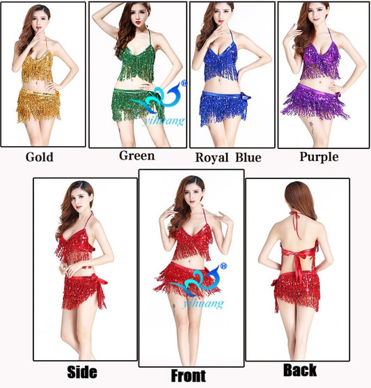 Belly Dance Skirt Sequins tassel Top& Hip Scarf Sequined Fringe Bollywood