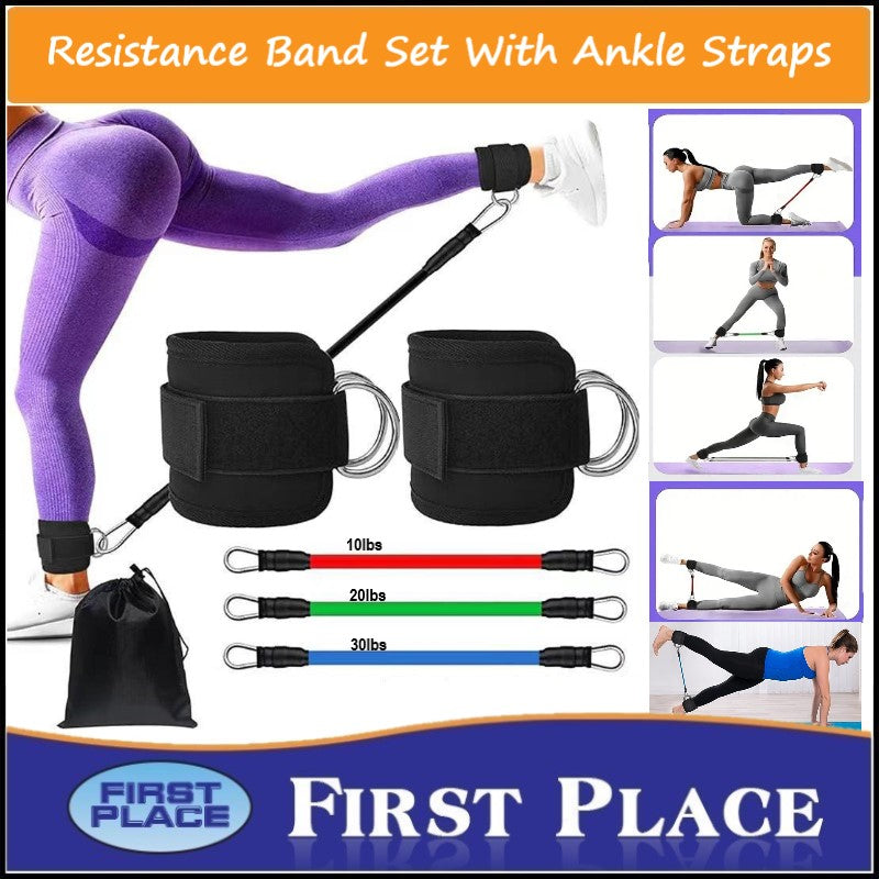 2pcs Adjustable Ankle Strap with Double D-Rings and 3 Resistance Bands Set/Ankle Straps  for Kickbacks, Glute Workouts, Leg Extensions, Curls, and Hip Abductor