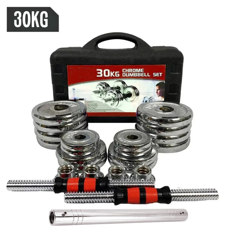 30Kg Multi-function Adjustable Chrome Weightlifting barbell/dumbbell set with Case