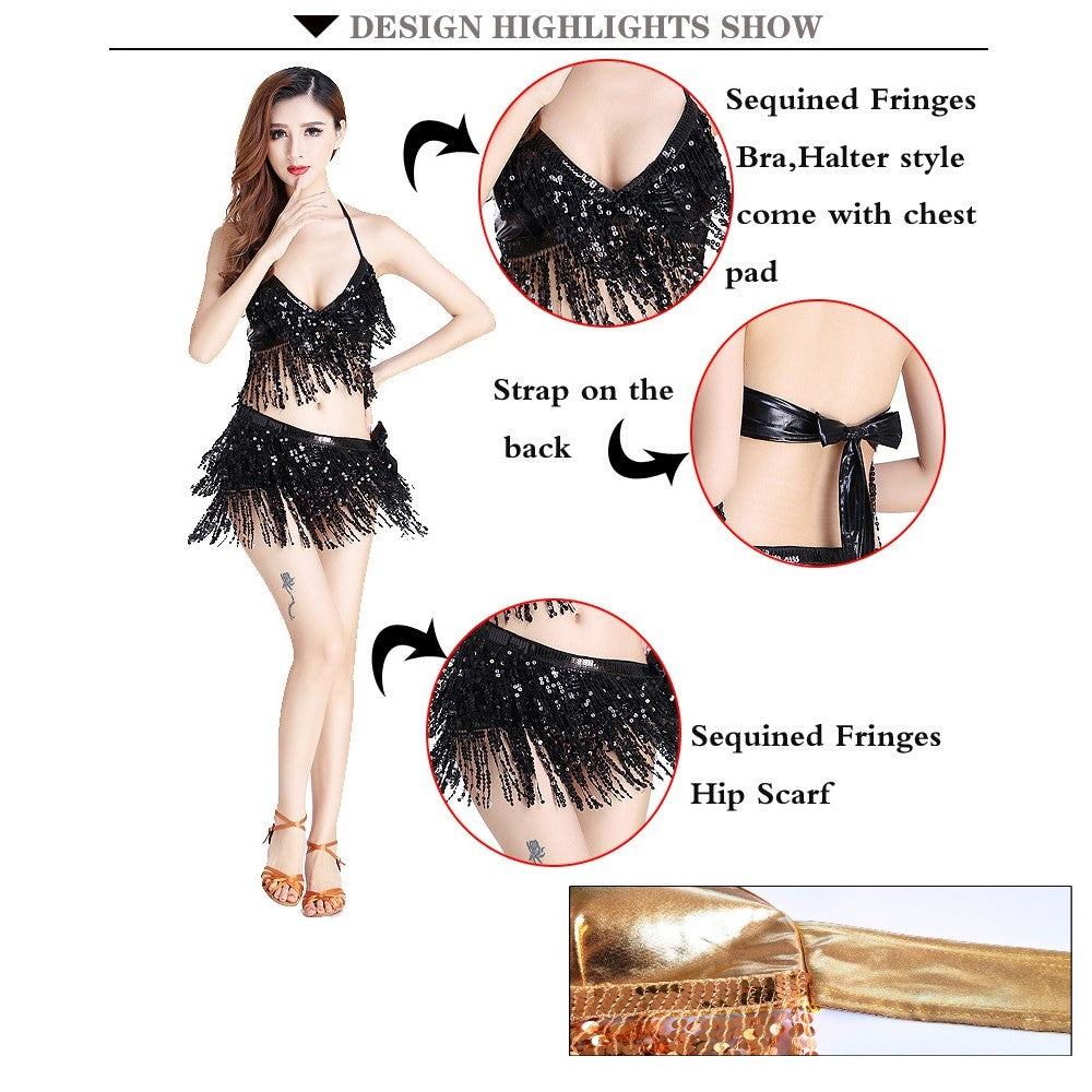 Belly Dance Skirt Sequins tassel Top& Hip Scarf Sequined Fringe Bollywood