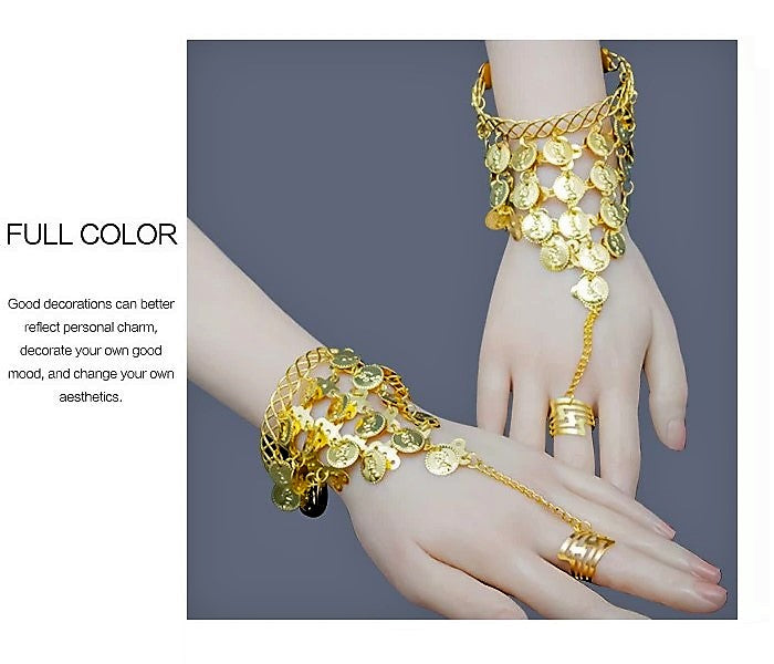 1pair Belly Dance Gold Coins Bracelets  Hand Decoration Wrist Bangle Ring Hand Decoration Wrist Bangle Ring with a Stylus(Gold)
