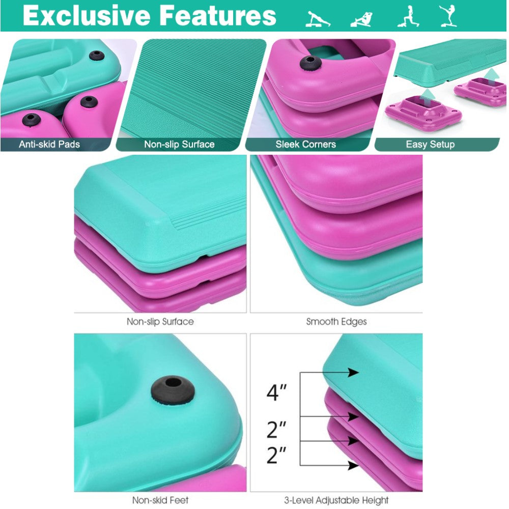 Non-Slip Surface Aerobic Workout Step Platform, 4-6-8 Inch Height Adjustable Step Platform with 4 Risers, Aerobic Step Board