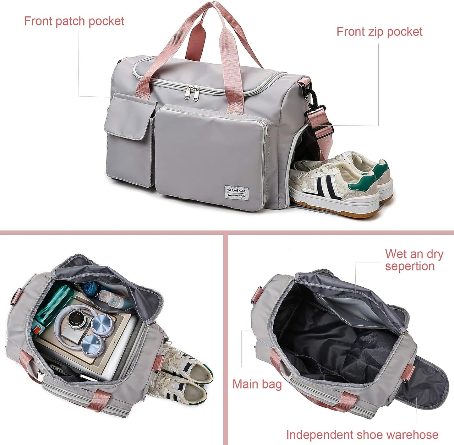 Large Capacity Travel Bag with Shoe Compartment and wet pocket/Unisex Sports Yoga Gym Fitness Training Shoulder Bag