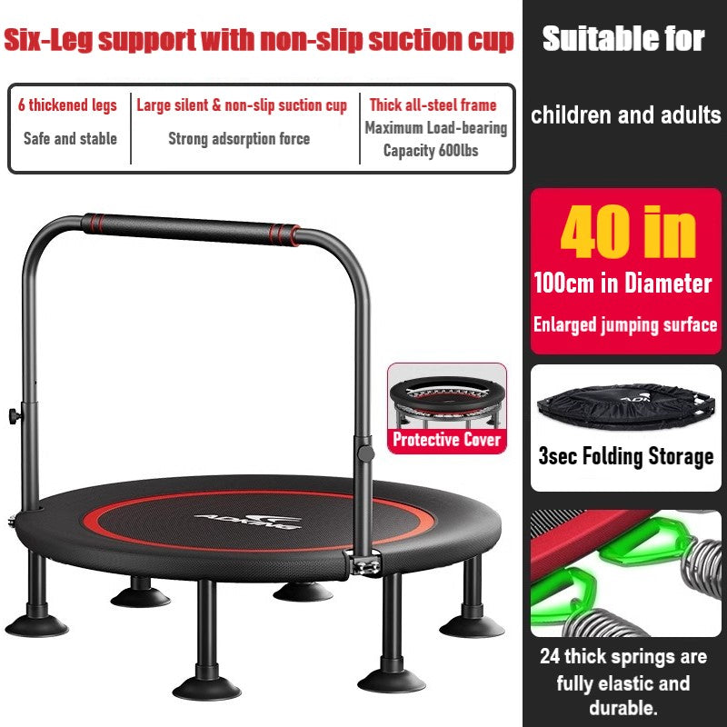 Silent Foldable Trampoline 40/48 Inch Adults Kid With Armrest Adjustable Handle Home Gym Jumping Fitness