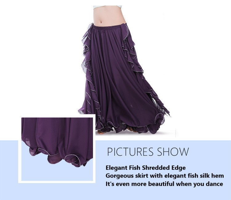 Double Slit Dance Skirt Curling Ears Belly Dance Skirt Chiffon Dance Skirt Belly Dance High Dance Skirt (Does not Include Waist Chain)