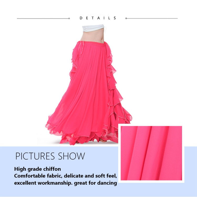 Double Slit Dance Skirt Curling Ears Belly Dance Skirt Chiffon Dance Skirt Belly Dance High Dance Skirt (Does not Include Waist Chain)