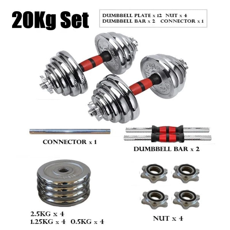 20Kg Multi-function Adjustable Chrome Weightlifting barbell/dumbbell set with Case