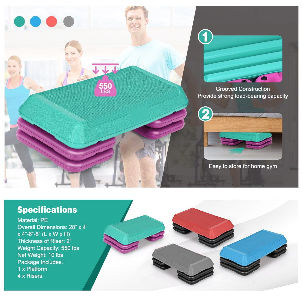 Non-Slip Surface Aerobic Workout Step Platform, 4-6-8 Inch Height Adjustable Step Platform with 4 Risers, Aerobic Step Board