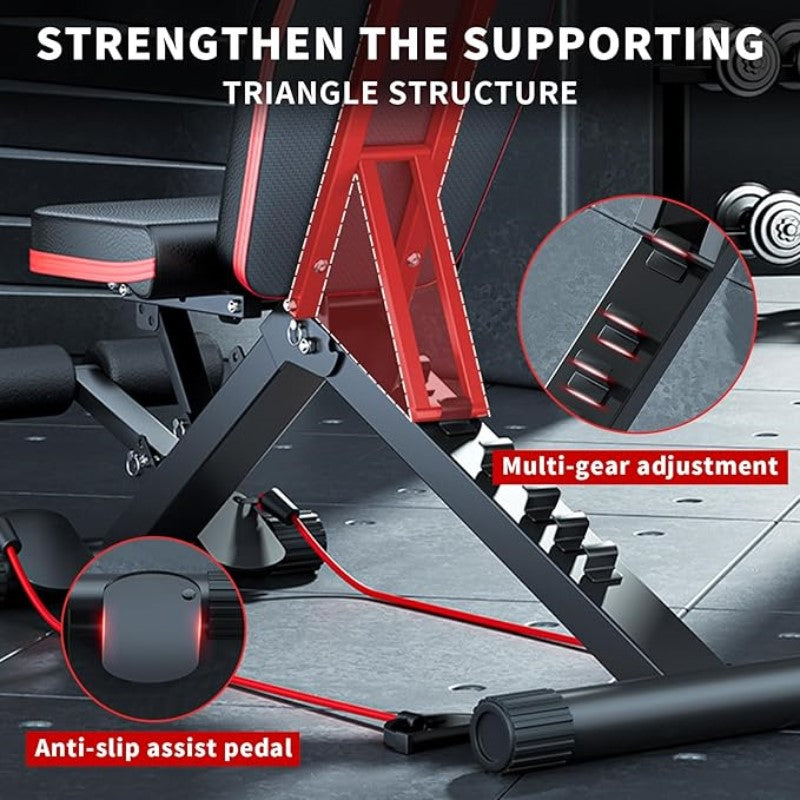 Multifunctional Foldable Fitness Bench with Cushion Headrest and Handle/Adjustable Roman Chair & Dumbbell Stool/Core Training, Push-Ups, Pull-Ups /Versatile Sports Equipment
