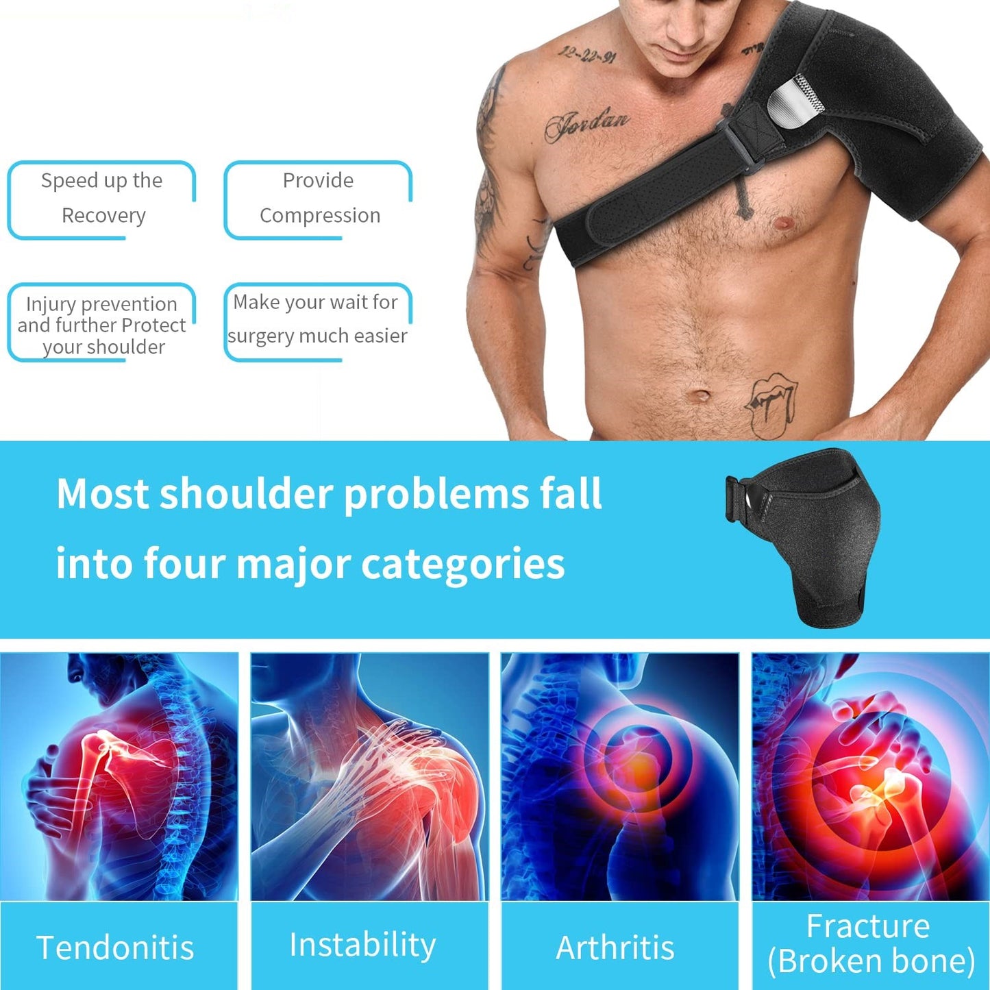 Adjustable Shoulder Support Brace for Torn Rotator Cuff, Dislocation, AC Joint, Bursitis, Labrum Tear, Pain, Fits Right or Left Shoulder with Pressure Pad
