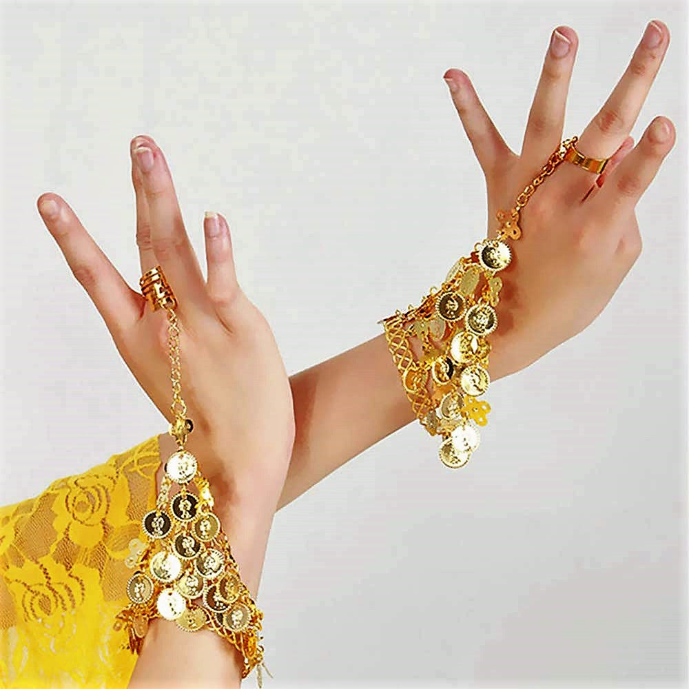 1pair Belly Dance Gold Coins Bracelets  Hand Decoration Wrist Bangle Ring Hand Decoration Wrist Bangle Ring with a Stylus(Gold)