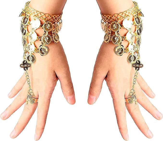 1pair Belly Dance Gold Coins Bracelets  Hand Decoration Wrist Bangle Ring Hand Decoration Wrist Bangle Ring with a Stylus(Gold)