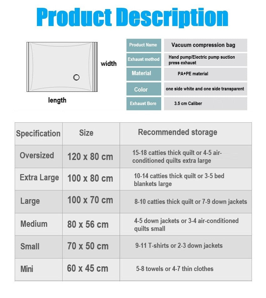 Vacuum Compression Storage Bag / Clothes/ Quilt Storage Bag Organizer /Save Space Home Organization