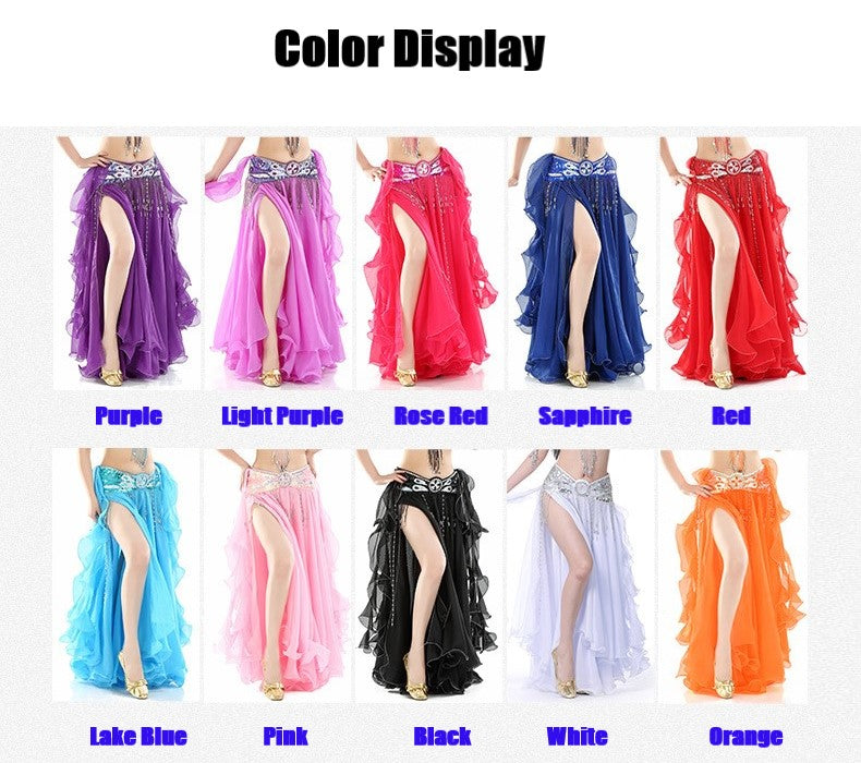 Double Slit Dance Skirt Curling Ears Belly Dance Skirt Chiffon Dance Skirt Belly Dance High Dance Skirt (Does not Include Waist Chain)