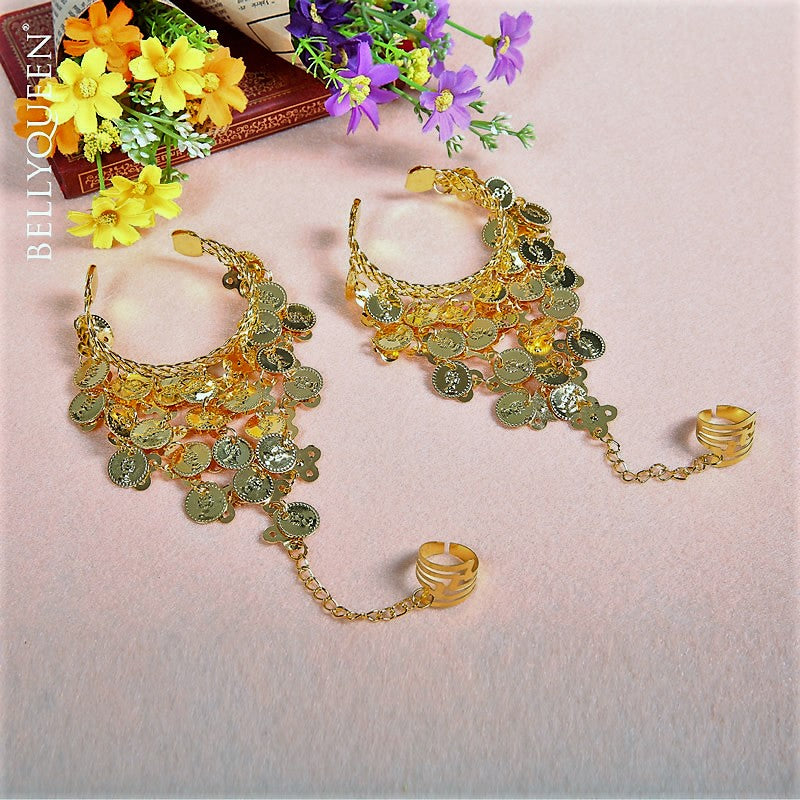 1pair Belly Dance Gold Coins Bracelets  Hand Decoration Wrist Bangle Ring Hand Decoration Wrist Bangle Ring with a Stylus(Gold)