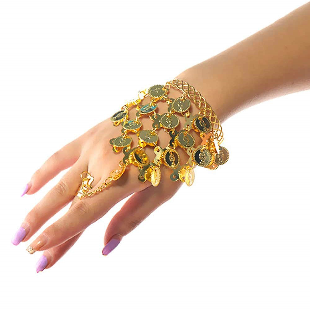 1pair Belly Dance Gold Coins Bracelets  Hand Decoration Wrist Bangle Ring Hand Decoration Wrist Bangle Ring with a Stylus(Gold)