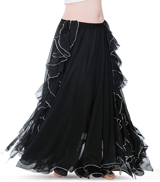 Double Slit Dance Skirt Curling Ears Belly Dance Skirt Chiffon Dance Skirt Belly Dance High Dance Skirt (Does not Include Waist Chain)