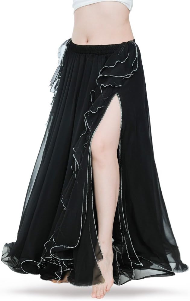 Double Slit Dance Skirt Curling Ears Belly Dance Skirt Chiffon Dance Skirt Belly Dance High Dance Skirt (Does not Include Waist Chain)