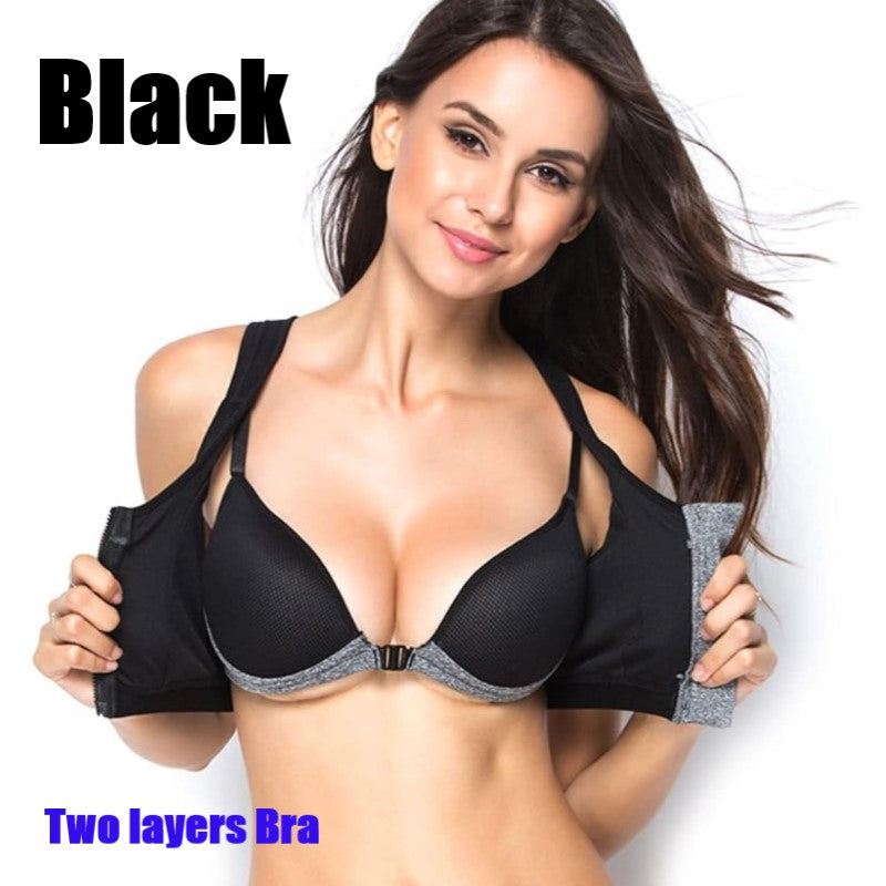 Women's Double Layer Sports Bra/Shockproof, Front Opening, Built-In Molded Cup, Sweat Absorbent, Quick Drying, Sports Bra, Running, Yoga Bra