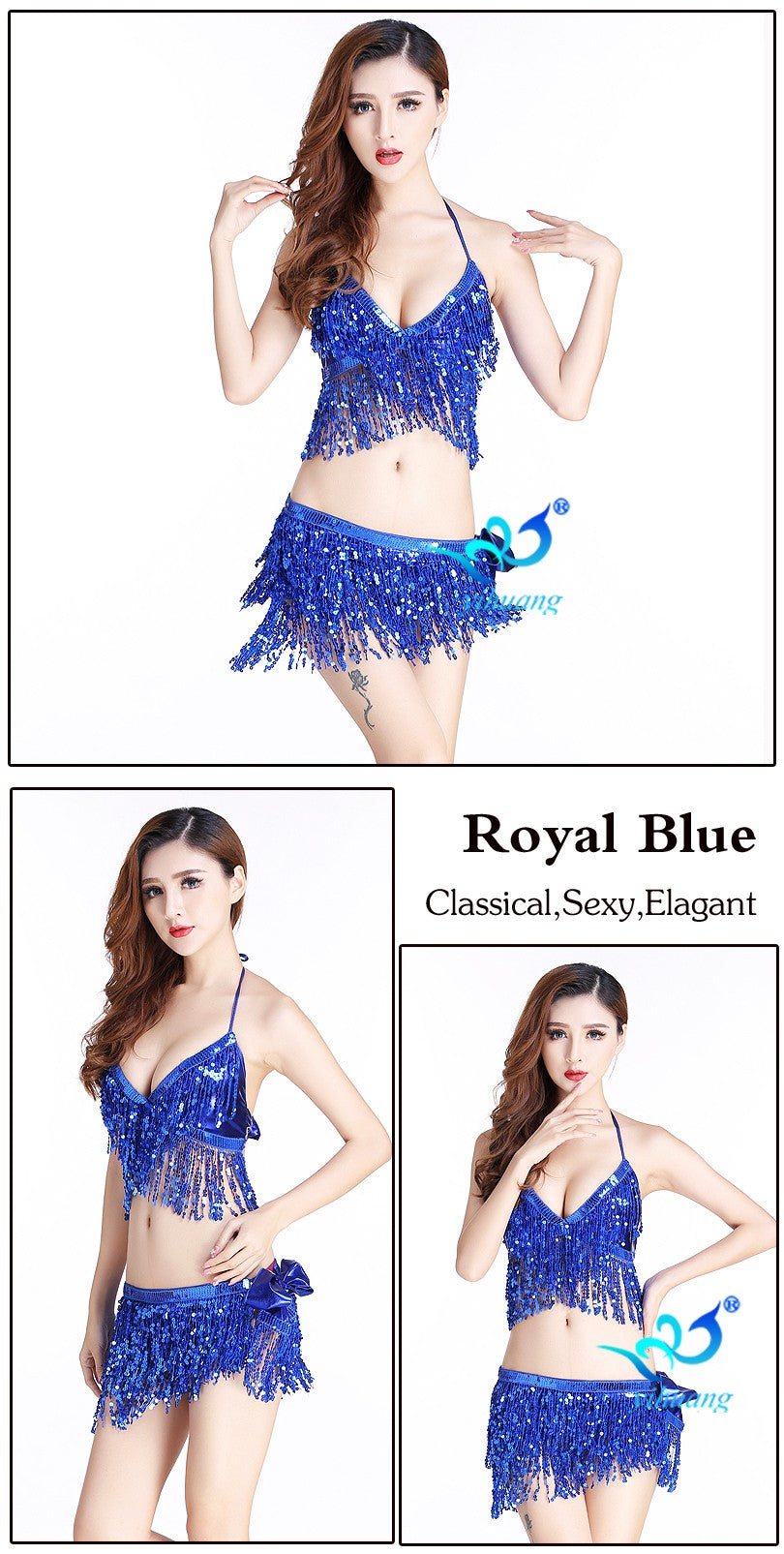 Belly Dance Skirt Sequins tassel Top& Hip Scarf Sequined Fringe Bollywood