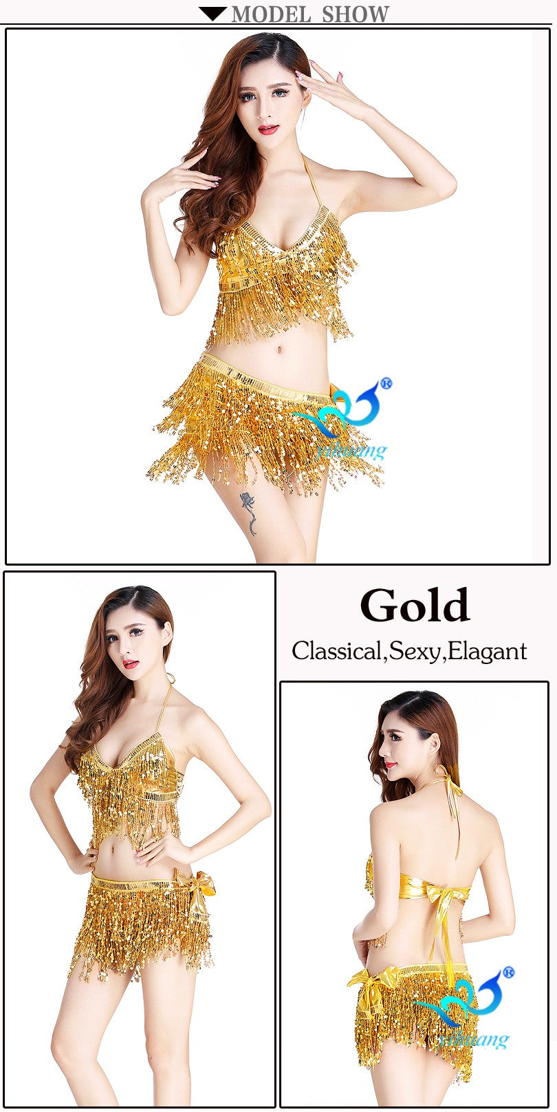 Belly Dance Skirt Sequins tassel Top& Hip Scarf Sequined Fringe Bollywood