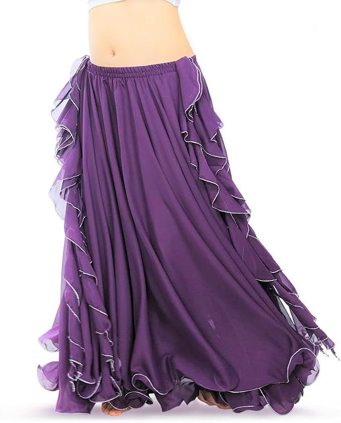 Double Slit Dance Skirt Curling Ears Belly Dance Skirt Chiffon Dance Skirt Belly Dance High Dance Skirt (Does not Include Waist Chain)