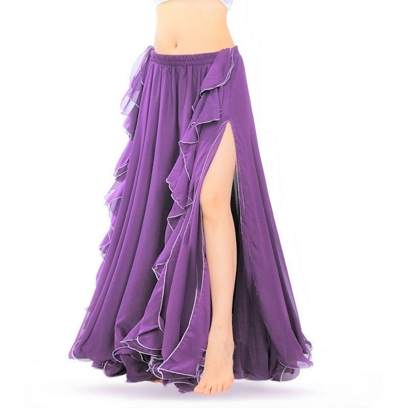 Double Slit Dance Skirt Curling Ears Belly Dance Skirt Chiffon Dance Skirt Belly Dance High Dance Skirt (Does not Include Waist Chain)