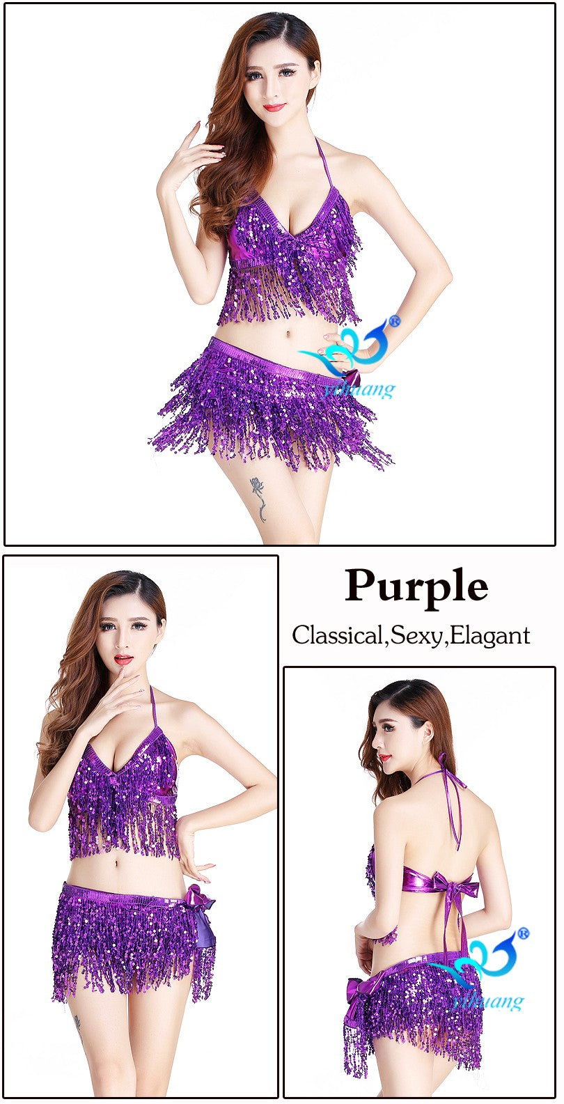 Belly Dance Skirt Sequins tassel Top& Hip Scarf Sequined Fringe Bollywood