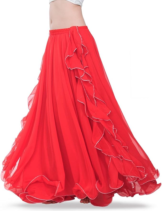 Double Slit Dance Skirt Curling Ears Belly Dance Skirt Chiffon Dance Skirt Belly Dance High Dance Skirt (Does not Include Waist Chain)