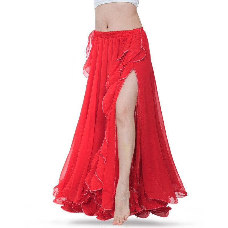 Double Slit Dance Skirt Curling Ears Belly Dance Skirt Chiffon Dance Skirt Belly Dance High Dance Skirt (Does not Include Waist Chain)