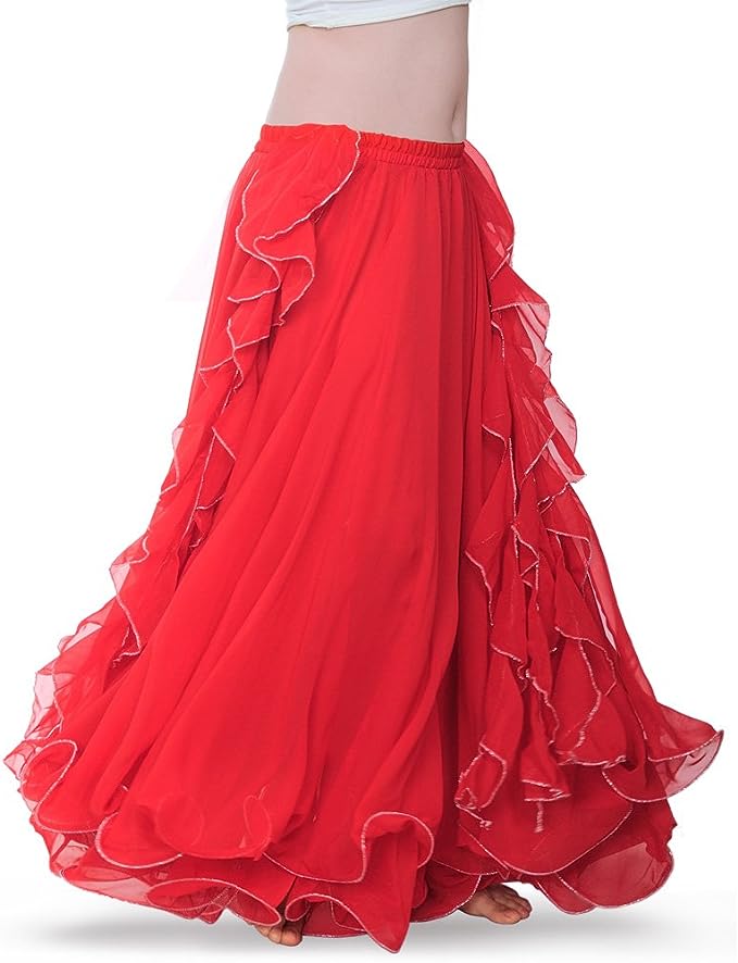Double Slit Dance Skirt Curling Ears Belly Dance Skirt Chiffon Dance Skirt Belly Dance High Dance Skirt (Does not Include Waist Chain)