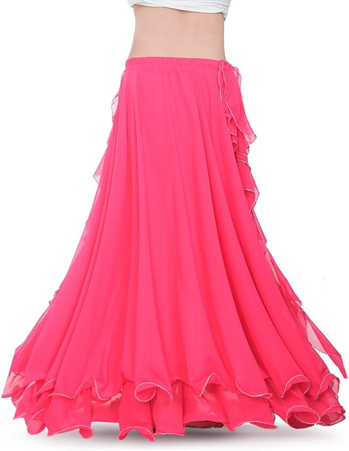 Double Slit Dance Skirt Curling Ears Belly Dance Skirt Chiffon Dance Skirt Belly Dance High Dance Skirt (Does not Include Waist Chain)