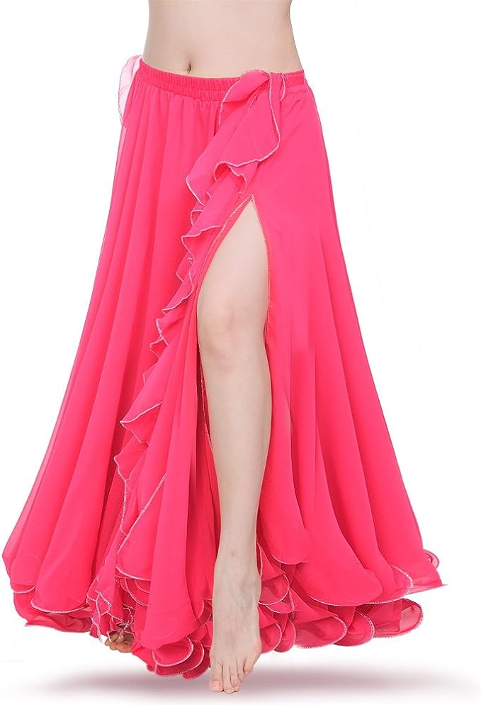 Double Slit Dance Skirt Curling Ears Belly Dance Skirt Chiffon Dance Skirt Belly Dance High Dance Skirt (Does not Include Waist Chain)
