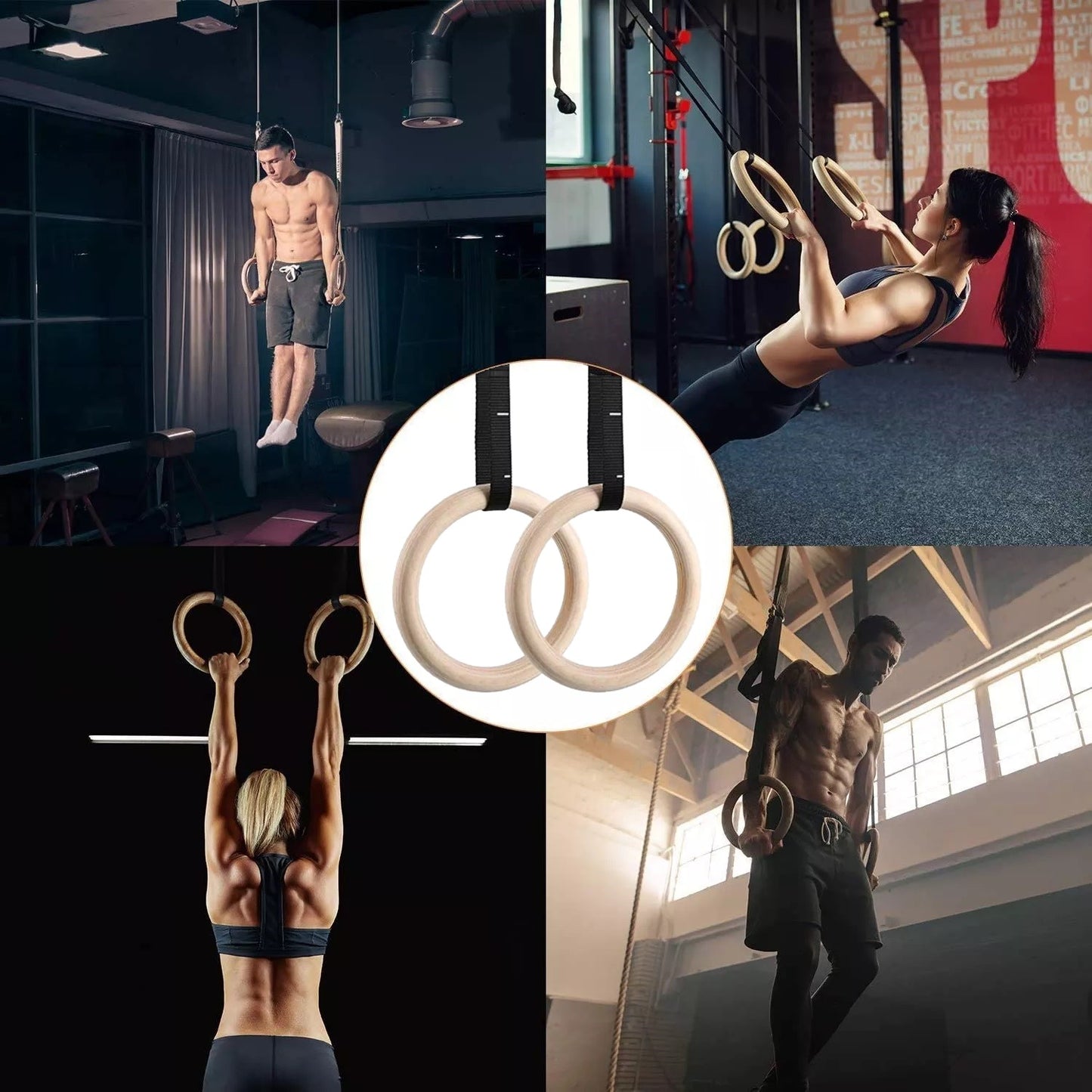 Wooden Gymnastic Rings w/Adjustable Number Straps