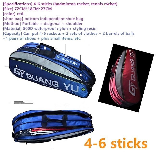 Waterproof Professional Badminton Racket Bag Large Capacity Single Shoulder Racket Equipment Bag 6 Racquet Bag Gym Fitness Sports Shoes Clothes Water Bottle Storage Bag/Badminton Bag/Gym Bag (First Place)