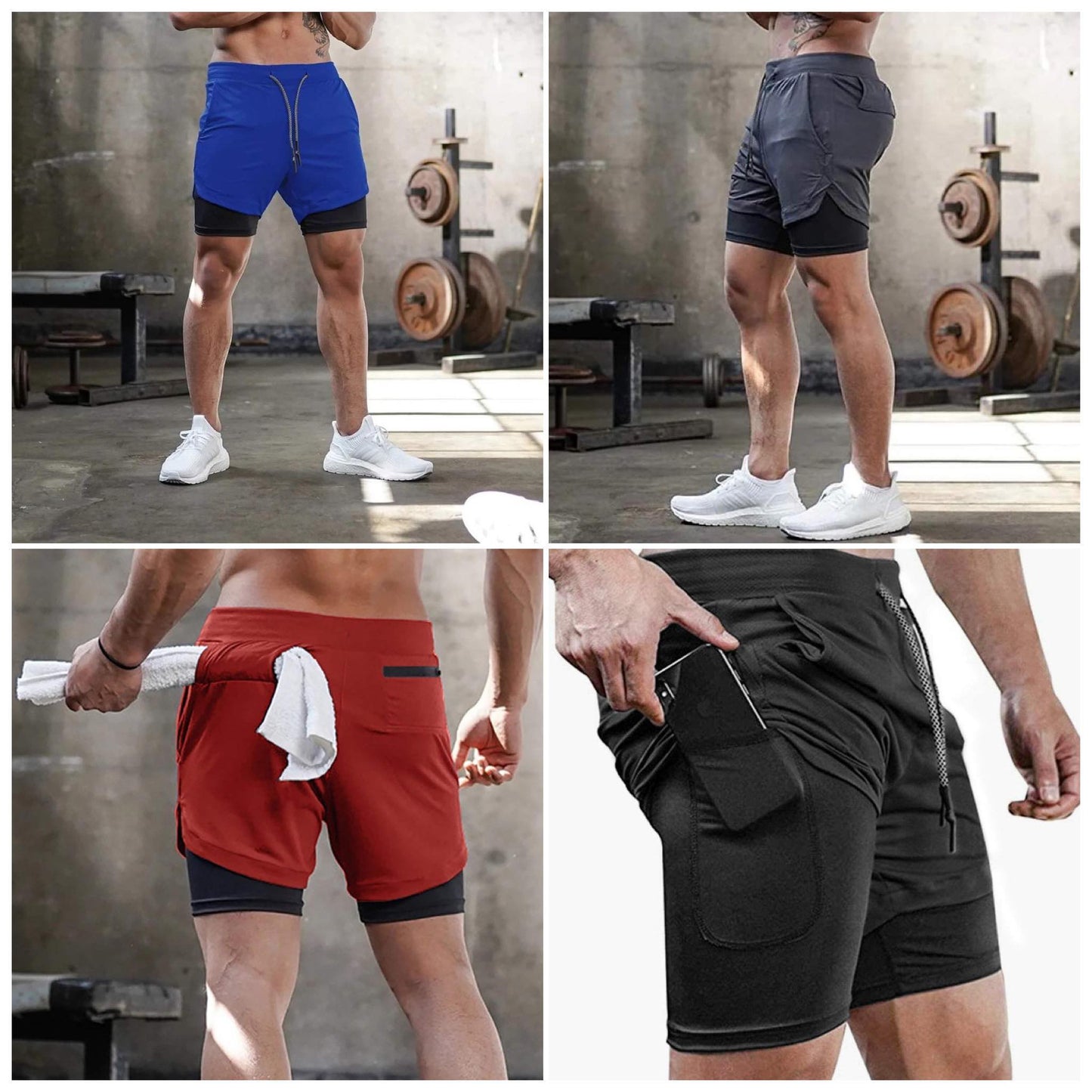 Men Gym Workout Training Running 2 Layers Shorts Pants with Phone Pocket