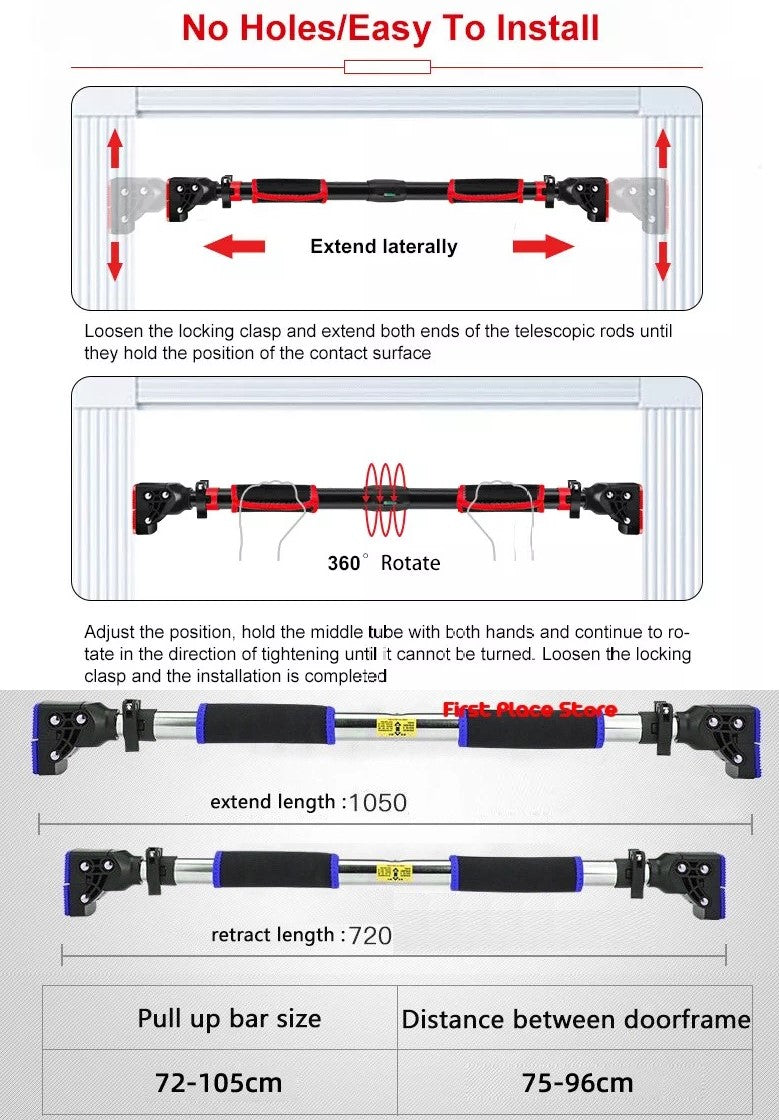 Adjustable Doorway Chin Up/Pull up Bar with Precision Level (Length 72-105 cm)
