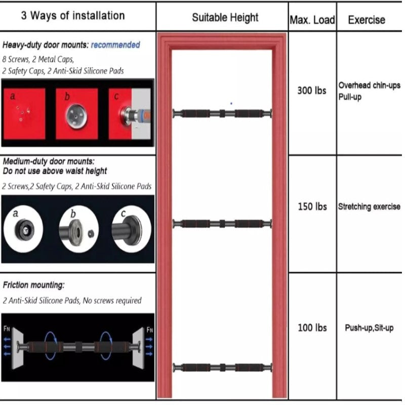 Adjustable Horizontal Pull Up /Chin up Bar with Safety Clip (Length 83cm-130cm)