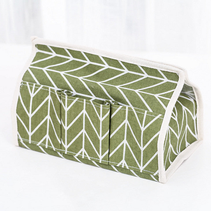 Cotton Linen Tissue Box Holder with Multi Pockets