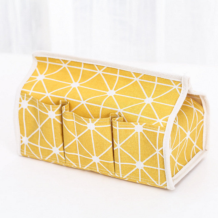 Cotton Linen Tissue Box Holder with Multi Pockets