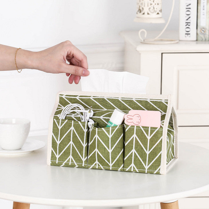 Cotton Linen Tissue Box Holder with Multi Pockets
