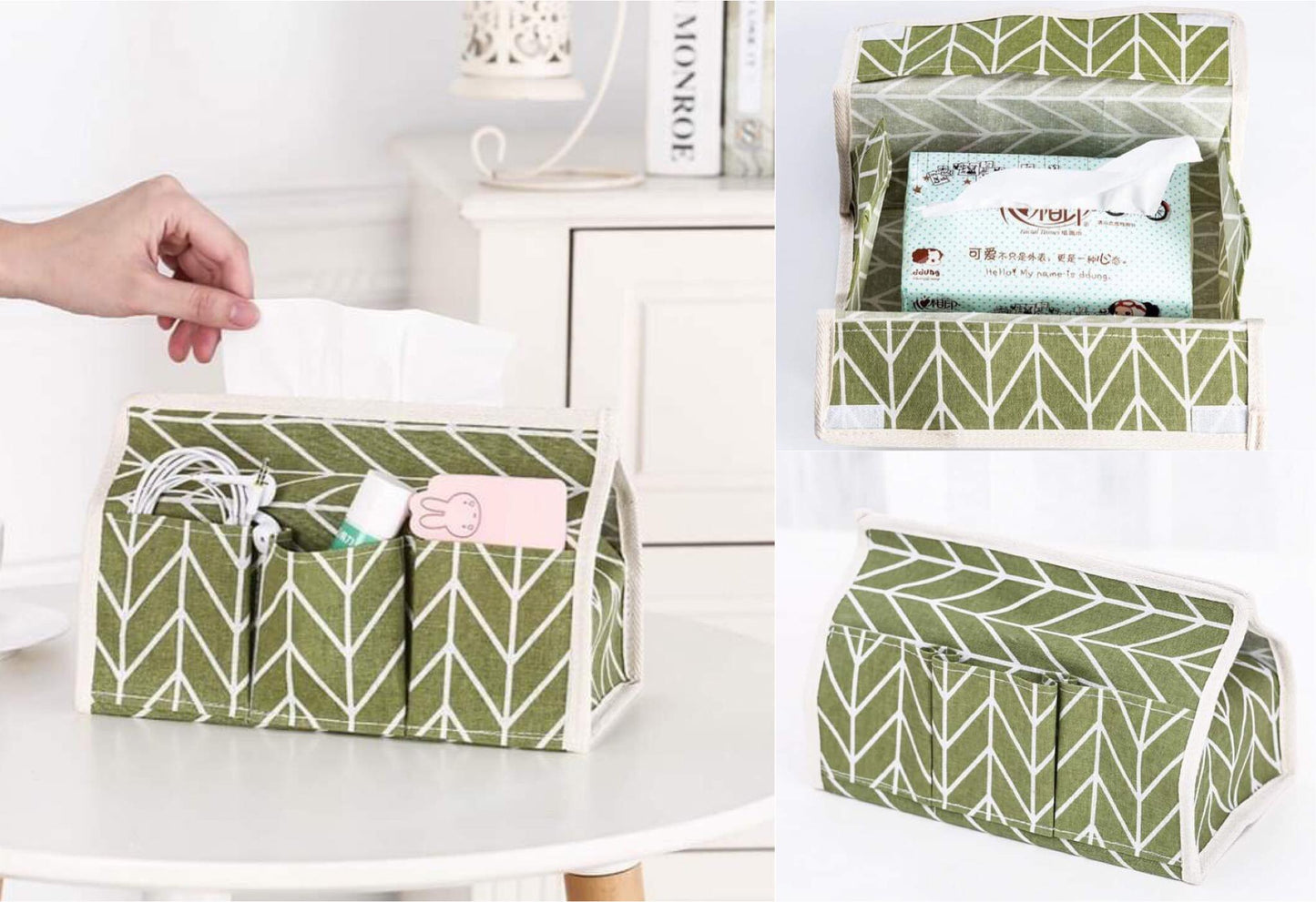 Cotton Linen Tissue Box Holder with Multi Pockets