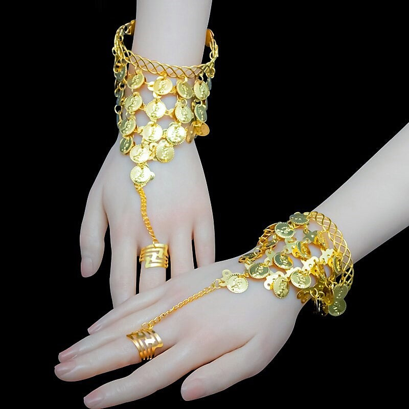 1pair Belly Dance Gold Coins Bracelets  Hand Decoration Wrist Bangle Ring Hand Decoration Wrist Bangle Ring with a Stylus(Gold)