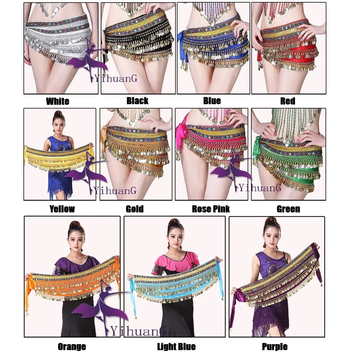 3 Rows Belly Dance Hip Scarf with Rhinestone