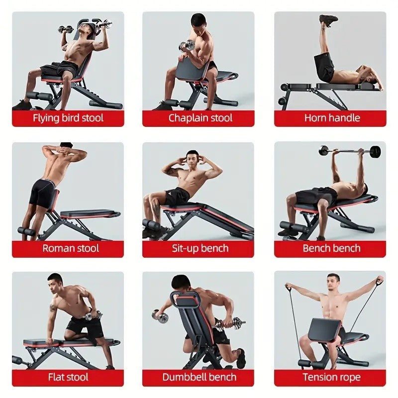 Multifunctional Foldable Fitness Bench with Cushion Headrest and Handle/Adjustable Roman Chair & Dumbbell Stool/Core Training, Push-Ups, Pull-Ups /Versatile Sports Equipment