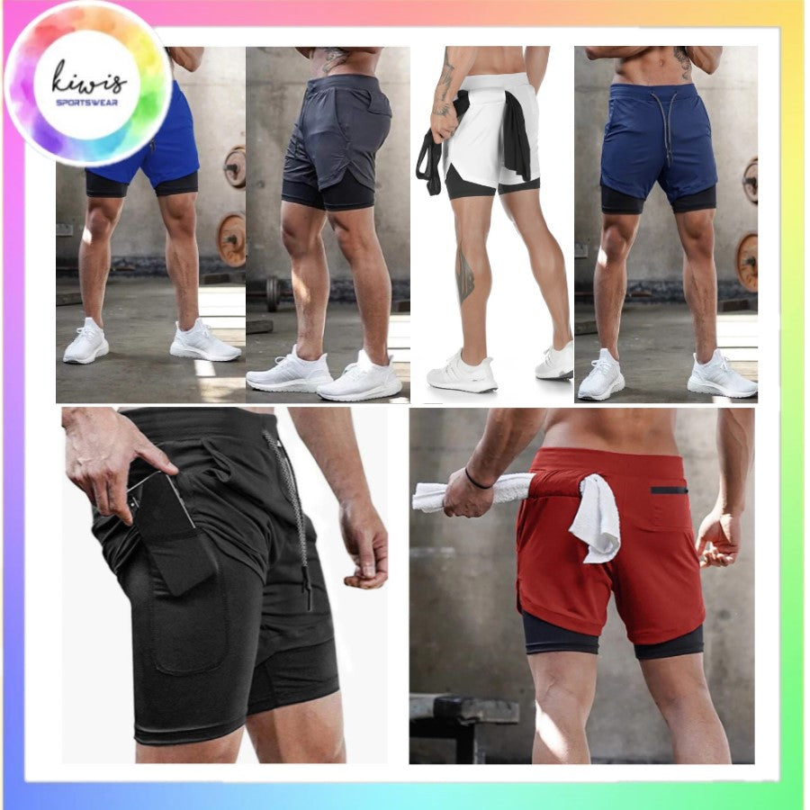 Men Gym Workout Training Running 2 Layers Shorts Pants with Phone Pocket