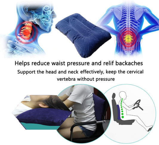 Portable Inflatable Flocked Air Pillow Neck and Lumbar Support Squared Inflatable Pillow Cushion/ Travel Cushion Camping (Blue)